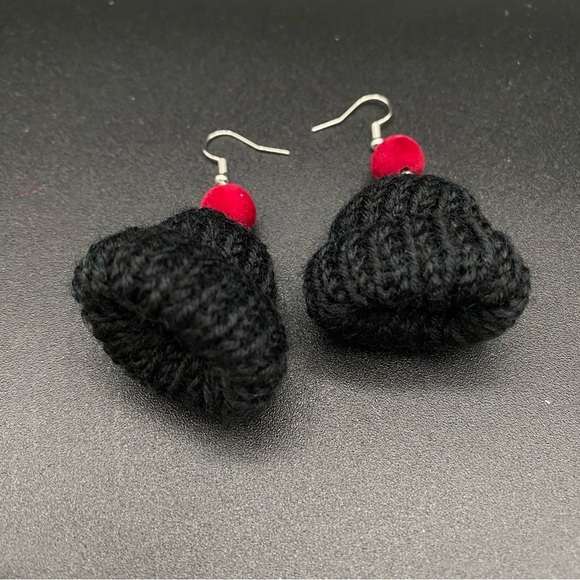Handknit Black and Burgundy Winter Hat Earrings - Picture 4 of 7